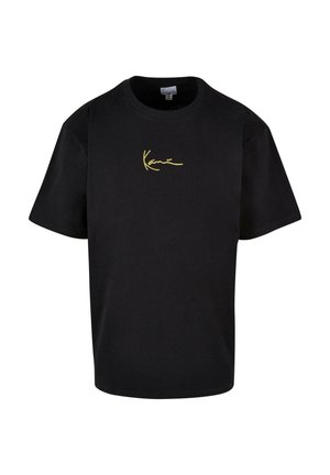 T-shirt en coton noir à manches courtes, avec un texte brodé doré. Coupe décontractée avec un col rond. Texture lisse.