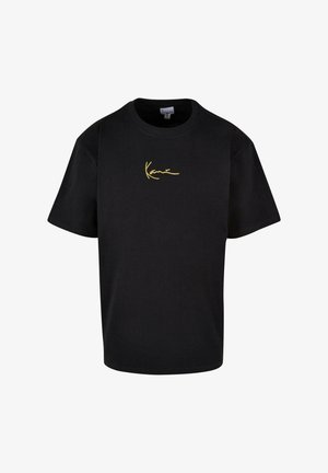 Black cotton t-shirt with short sleeves, featuring gold embroidered text. Casual fit with a rounded neckline. Smooth texture.