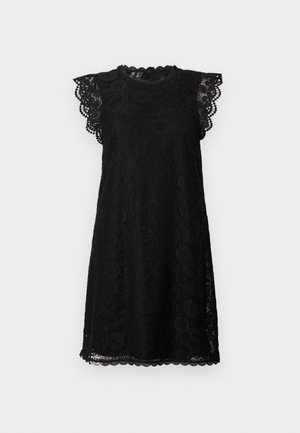 Black lace dress with short, scalloped sleeves, a rounded neckline, and a patterned texture; features a scalloped hem and a back closure.