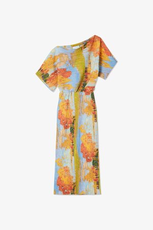 Rochie cu model floral dintr-un material moale și ușor. Prezintă un decolteu asimetric, mâneci scurte, textură pliată și culori vibrante.