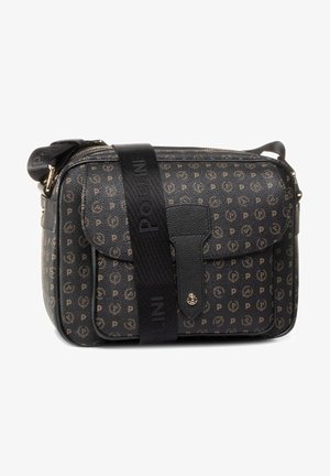 Borsa a tracolla nera con logo a motivo marrone. Caratterizzata da una finitura in pelle texturizzata, hardware dorato e una tracolla con il marchio "Pollini".