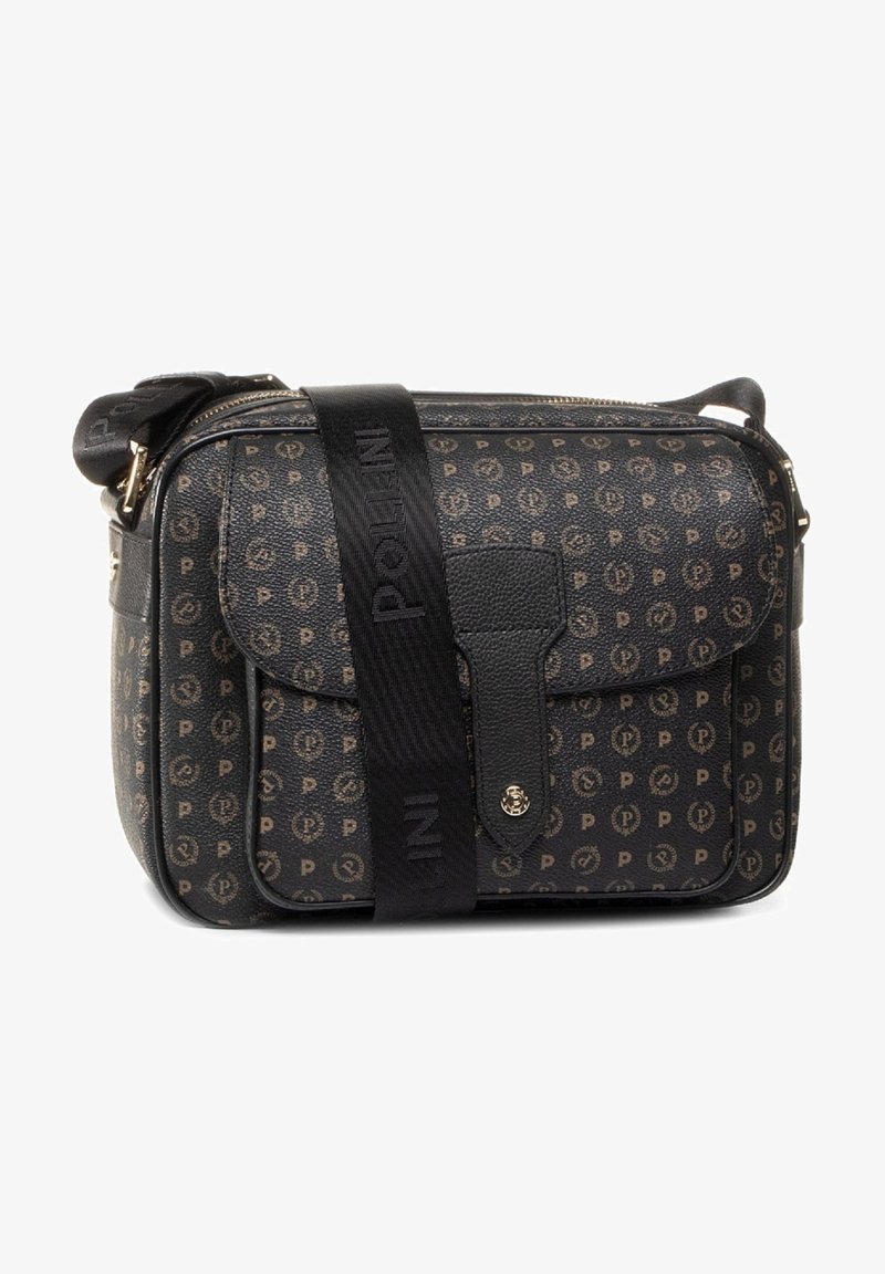 Borsa a tracolla nera con logo a motivo marrone. Caratterizzata da una finitura in pelle texturizzata, hardware dorato e una tracolla con il marchio "Pollini".