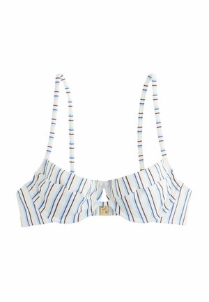 Valge ja sinise triibuline rinnahoidja, millel on õhukesed reguleeritavad rihmad ja traadiga tugitaskuga, laotatud valgele taustale.