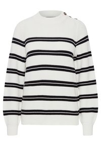 Pull en tricot blanc avec des rayures noires horizontales, avec un col montant et des boutons à l'épaule. Tissu léger et texturé.