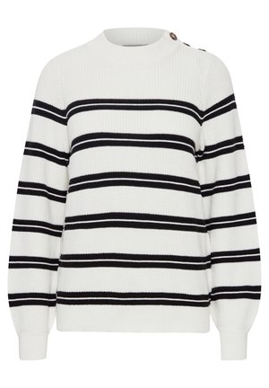 Weißer Strickpullover mit schwarzen horizontalen Streifen, hoher Halsausschnitt und Knöpfen an der Schulter. Leichtes, strukturiertes Material.