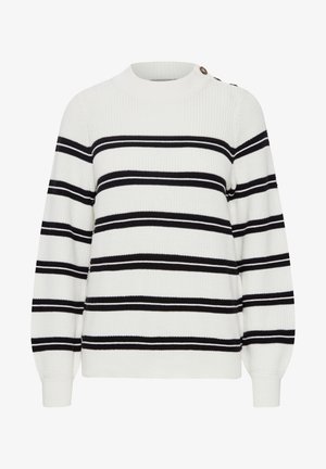 Biely pletený sveter s čiernymi horizontálnymi pruhmi, s vysokým golierom a gombíkmi na pleci. Ľahká, textúrovaná tkanina.