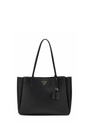 Sac à main en cuir noir texturé avec doubles bandoulières, un logo Guess triangulaire et deux tirettes de fermeture éclair suspendues.