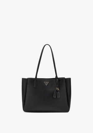 Sac à main en cuir noir texturé avec doubles bandoulières, un logo Guess triangulaire et deux tirettes de fermeture éclair suspendues.