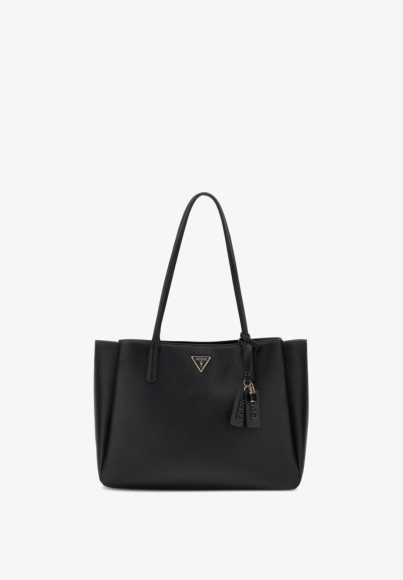 Sac à main en cuir noir texturé avec doubles bandoulières, un logo Guess triangulaire et deux tirettes de fermeture éclair suspendues.