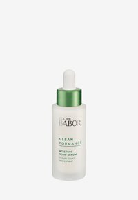 Gennemsigtig frostet glasflaske med en hvid pipettehætte. Grøn accent på hætten. Etikette tekst inkluderer "Doctor Babor Clean Formance Moisture Glow Serum."