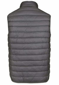 Grau gepolsterte Weste mit gestepptem Design und horizontalen Streifen, einem hohen Kragen und ohne sichtbare Hardware oder zusätzliche Akzente.