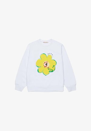 Sudadera blanca con un gran gráfico de una flor amarilla con detalles verdes y un centro destacado. La etiqueta dice "MARNI".