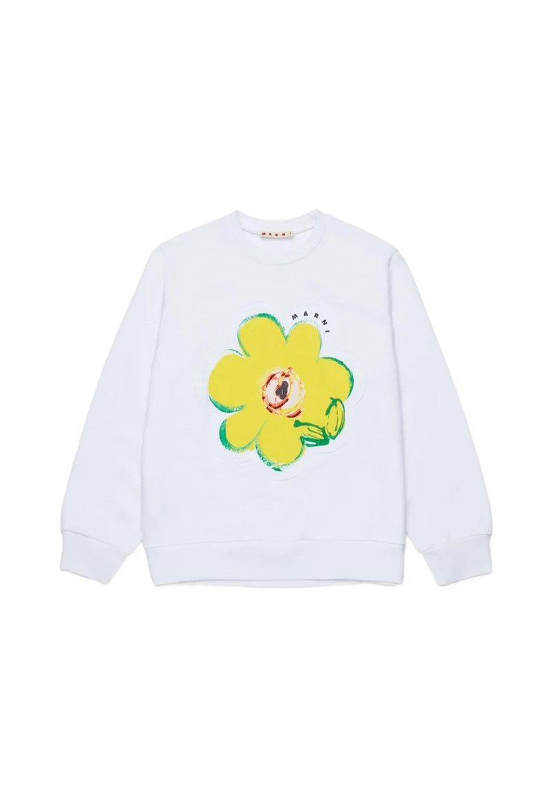 Biała bluza z dużym żółtym kwiatem z zielonymi akcentami i szczegółem w centrum. Metka z napisem "MARNI".
