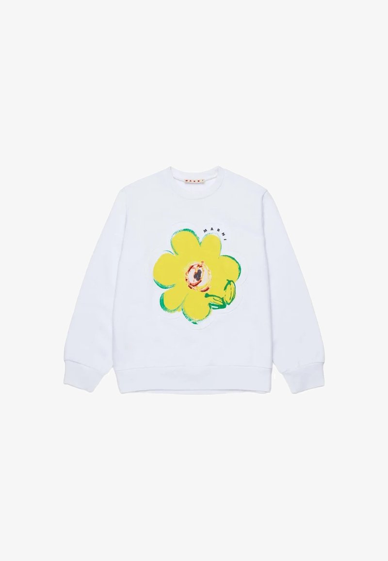 Biała bluza z dużym żółtym kwiatem z zielonymi akcentami i szczegółem w centrum. Metka z napisem "MARNI".