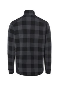 Giacca in pile con un motivo a scacchi nero e grigio, colletto alto, maniche lunghe e pannelli laterali neri solidi.