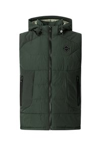 Gilet imbottito verde con zip frontale, cappuccio regolabile, due tasche laterali e un patch con logo. Presenta un tessuto texture e cuciture a diamante.