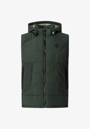 Zeleni poplun i prsluk s patentnim zatvaračem sprijeda, podesivom kapuljačom, dva bočna džepa i logom na patchu. Ima teksturiranu tkaninu i dijamantno šivanje.