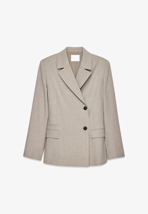 Helle graue Blazer mit einem auffälligen Revers, kombiniert mit einem braunen Hemd mit Kragen. Glatte Textur, lässiges Design und taillierte Silhouette.