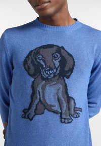 Blauer Strickpullover mit einem großen, dunkelbraunen Hundemotiv in strukturiertem Finish, rundem Ausschnitt und langen Ärmeln.