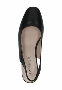 Juodas odinis slingback tipo batelis su kvadratiniu pirštu, pasižymintis lygia tekstūra ir subtilia logotipu ant vidpadžio.