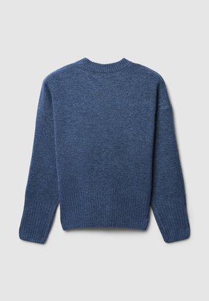 Maglione azzurro a maglia con scollatura rotonda, maniche lunghe e polsini e orlo a coste, composto da un tessuto morbido e testurizzato. Design semplice sul retro.