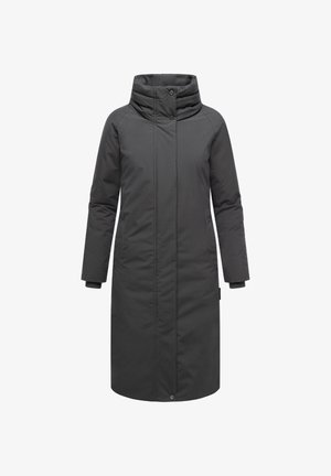 Lång mörkgrå vadderad vinterjacka med hög krage, dolda framknappar och sidofickor, designad för kallt väder.