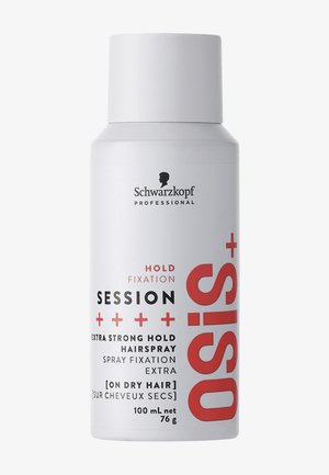 White hairspray canister with red and black text. Contains 100 mL, labeled "OSIS+ SESSION" for extra strong hold on dry hair.