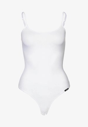 Maillot de bain une pièce blanc avec des fines bretelles ajustables, un dos plongeant et un tissu lisse et extensible au style minimaliste.