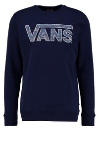 Sweat-shirt bleu marine en coton, arborant un grand logo graphique "VANS" dans un design clair et à motifs. Poignets et ourlet côtelés.