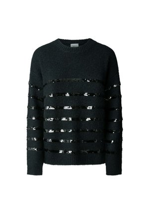 Sort strikket sweater med vandrette striber af sorte og sølvfarvede palietter, rund halsudskæring og lange ærmer med en tekstureret overflade.