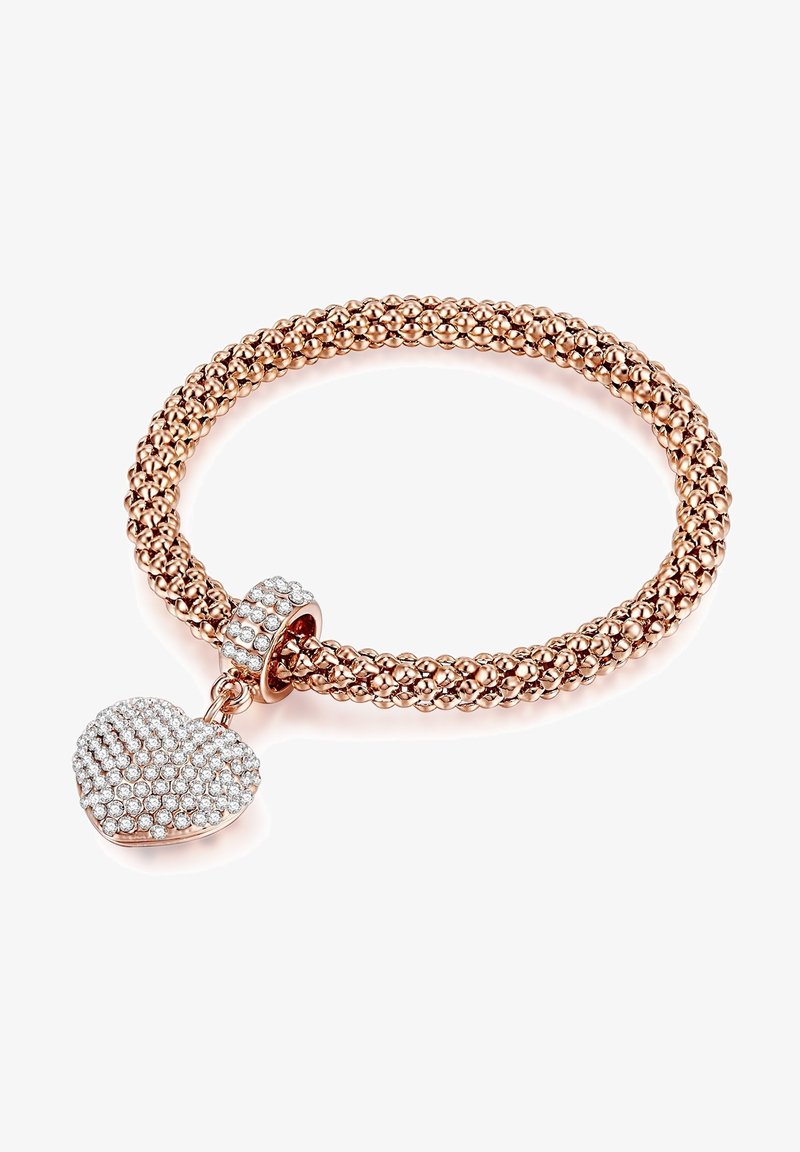 Pulsera de oro rosa con diseño trenzado, que presenta un charm con forma de corazón incrustado de cristales transparentes y un cierre decorativo.