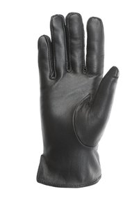 Juodas odinis pirštinis su lygiu paviršiumi, penkiomis pirštinėmis ir pritaikytu riešo kraštu. Pasižymi sustiprintu siuvimu ir išlenktu nykščiu patogumui.