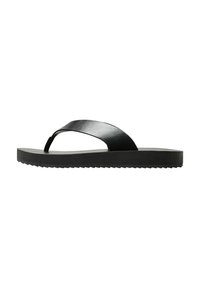 Sandale flip-flop negre cu talpă plată, fabricate dintr-un material elegant. Prezintă un design minimalist cu o singură curea și o parte inferioară texturată.