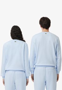 Svetlo modri bombažni puloverji s rebrastimi manšetami in robom, z majhnim zelenim logotipom Lacoste na zadnjem vratu, ki ju nosita dve postavi.