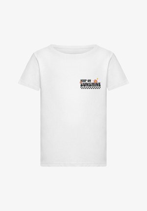 T-shirt en coton blanche à manches courtes avec un texte graphique multicolore "KEEP ON SUNSHINE" et des accents floraux sur le devant.