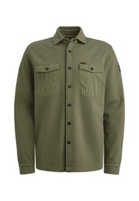 Olijfgroene textuur shirtjacket met twee voorzakken, knoopsluiting en zwarte knopen. Gemaakt van een mix van materialen voor warmte.