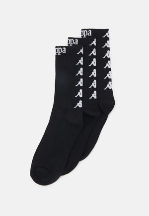Schwarze Baumwoll-Crew-Socken mit weißem Logo-Muster an der Seite, mit geripptem Textur und verstärktem Zeh. Packung mit drei Paaren.