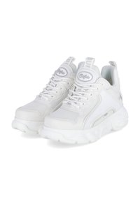 White sneaker with a mesh and leather upper, round toe, cushioned sole, laces, and branding on the tongue and heel. Smooth texture.