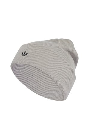 Gray knit beanie made from soft fabric; features a ribbed texture and a small black Adidas logo on the front.