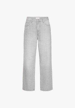 Jeans grigio chiaro a gamba dritta con chiusura frontale con bottone e cerniera, passanti per cintura e design con cinque tasche.