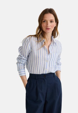 Chemise boutonnée à rayures bleues et blanches, tissu léger, manches longues retroussées, poche poitrine unique, associée à un pantalon sombre taille haute.