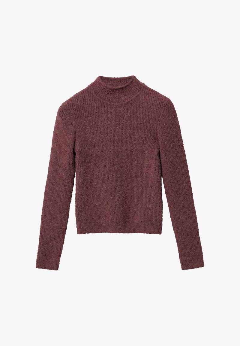 Pikkade varrukatega tekstuuriga burgundi punane koheline sviiter, näidatud lapiku kujutisena valgel taustal.