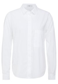 Camicia bianca a maniche lunghe in cotone, con colletto classico, chiusura frontale con bottoni e taschino sul petto sinistro. Tessuto liscio.