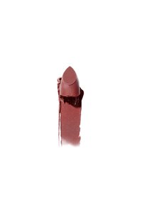 Rossetto di tonalità mauve con punta appuntita, caratterizzato da una consistenza cremosa e una finitura liscia, parzialmente sfumato con una traccia di colore.