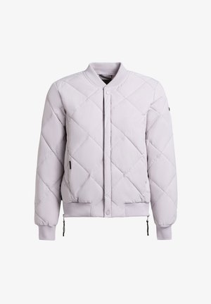 Jasnoszara pikowana kurtka typu bomber z zatrzaskami, ściągaczem na kołnierzu, mankietach i dole, oraz zamkami błyskawicznymi po bokach.