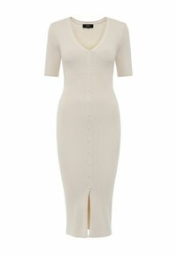 Midi sukienka z prążkowanego dzianiny w jasnym beżu, z krótkimi rękawami, dekoltem w kształcie litery V, guzikami z przodu oraz rozcięciem u dołu dla podkreślenia detali.