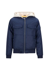 Marineblauer gefütterter Mantel mit einer weißen Kapuze und zwei Brusttaschen, ausgestattet mit einem Reißverschluss vorne sowie gerippten Bündchen und Saum.
