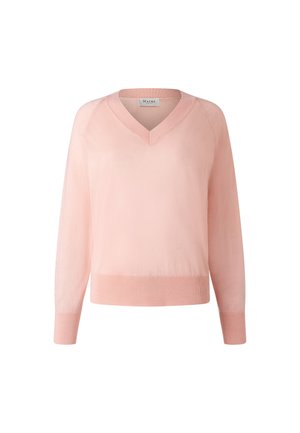 Helles rosa V-Ausschnitt-Pullover aus weichem Stoff, mit langen Ärmeln und gerippten Bündchen und Saum. Einfaches, klares Design mit lockerer Passform.