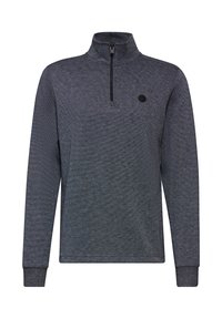 Pullover in grigio scuro, con collo a zip a quarto, maniche lunghe e una toppa rotonda con logo sul lato sinistro del petto. Design in tessuto testurizzato.