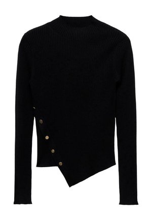 Maglione nero a coste con alto collo, orlo asimmetrico e dettagli con bottoni dorati di lato. Realizzato in un tessuto morbido e testurizzato.